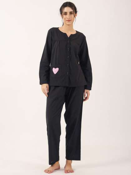 SANSKRUTIHOMES Black
                        Round Neck Pure Cotton Nightsuit