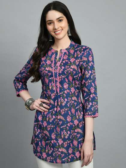 MEESAN Ethnic
                        Printed Mandarin Collar Cotton Tunic