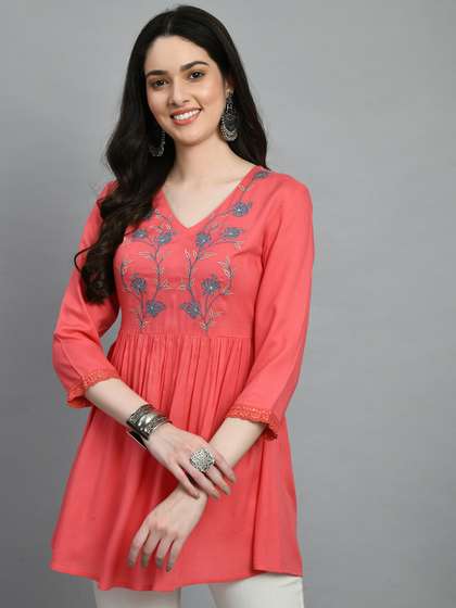 MEESAN Floral Embroidered V-Neck Gathered Tunic