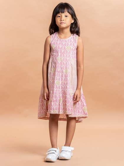 Sangria Girls Pink &
                    White Ethnic Motifs Printed Pure Cotton A-Line
                    Dress