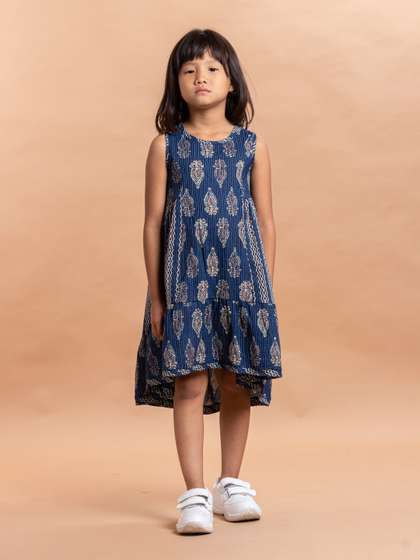 Sangria Girls Navy Blue
                    & White Ethnic Motifs Printed Pure Cotton A-Line
                    Dress