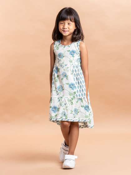 Sangria Girls White
                    & Blue Floral Printed Pure Cotton A-line Dress