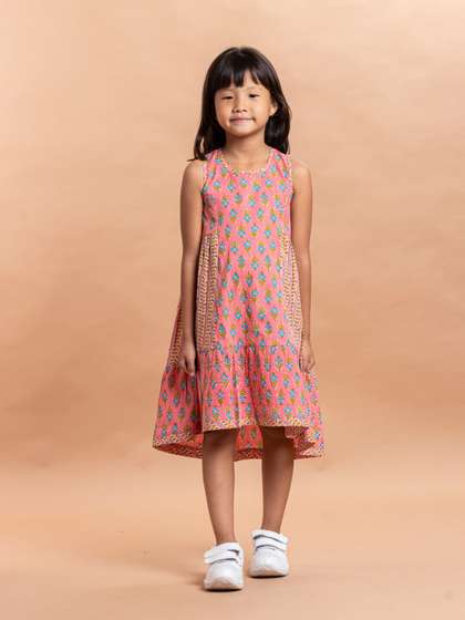 Sangria Girls Pink &
                    Blue Ethnic Motifs Printed Pure Cotton A-line Dress