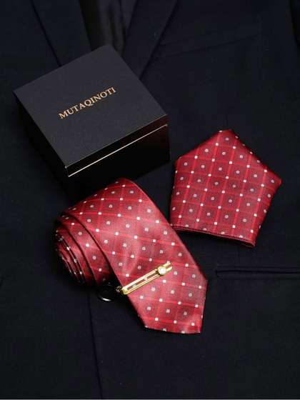 MUTAQINOTI Men Checkered
                    Silk Formal Accessory Gift Set