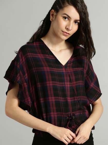 Roadster Women Maroon Checked Blouson Top