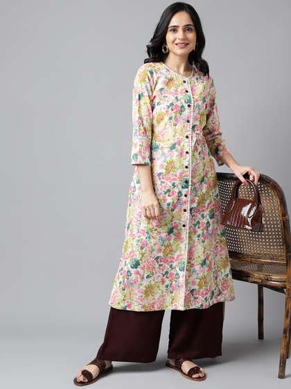 Neemiya Floral Printed Round Neck Pure Cotton A-line Kurta
