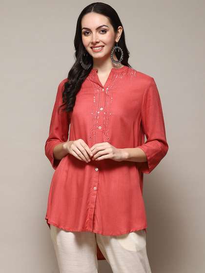 Biba Geometric Embroidered Mandarin Collar Mirror Work A-Line Kurti