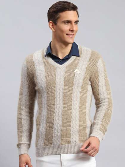 Monte Carlo V- Neck Striped Ribbed Woollen Pullover