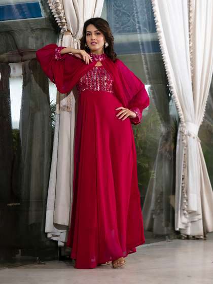 AKS Couture
                        Embellished Sequinned Georgette Maxi Ethnic
                        Dress With Cape Sleeves