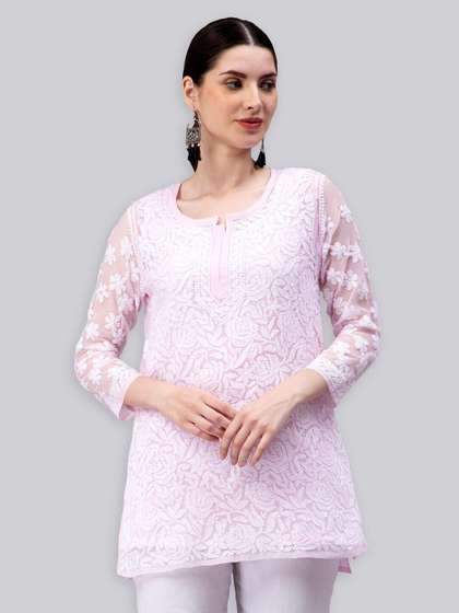 Seva Chikan Ethnic Motifs Chikankari Embroidered Angrakha A line Kurti With Slip