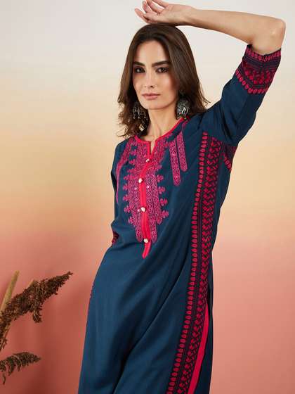 Sangria Navy Blue
                          Ethnic Motifs Embroidered Thread Work Straight
                          Kurta