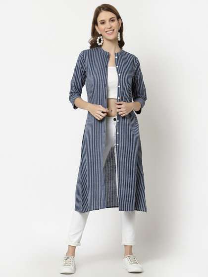 LARGISH Striped
                          Cotton Longline Button Shrug