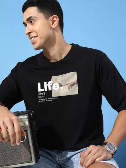 Difference of Opinion Men Typography Printed Drop-Shoulder Sleeves Pure Cotton Oversized T-shirt