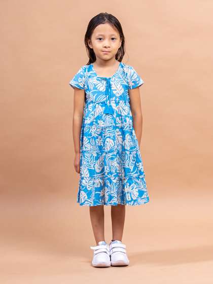 Sangria Girls Blue
                    Floral Printed Tiered Pure Cotton A-line Midi Dress