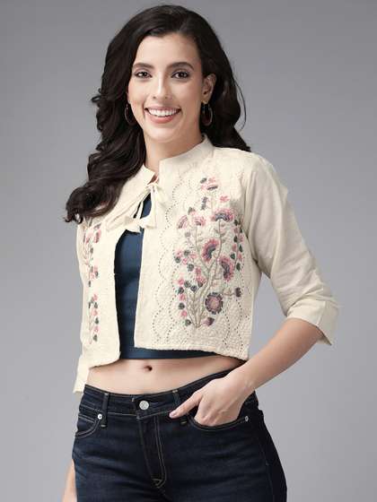 Aarika Women
                        Embroidered Crop Tie-Up Shrug