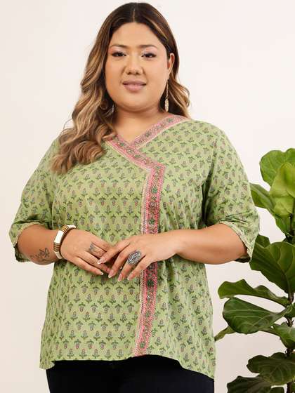indo street Green Ethnic Motifs Printed V-Neck Pure Cotton Regular Kurti