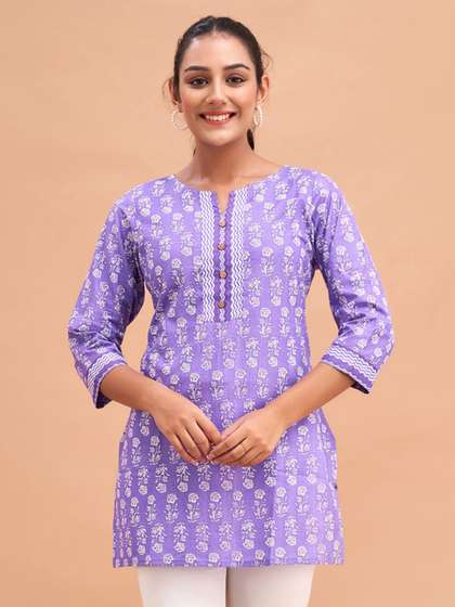 FERANOID Floral Printed Round Neck Pure Cotton Straight Kurti