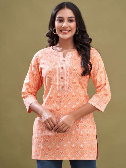 FERANOID Floral
                        Printed Round Neck Pure Cotton Straight Kurti
