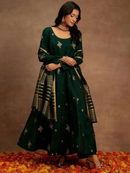 Libas Womens Green
                          Woven Design Anarkali Kurta With Palazzos
                          & Dupatta