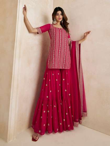 Inddus Magenta Floral Embroidered Straight Kurti & Sharara With Dupatta