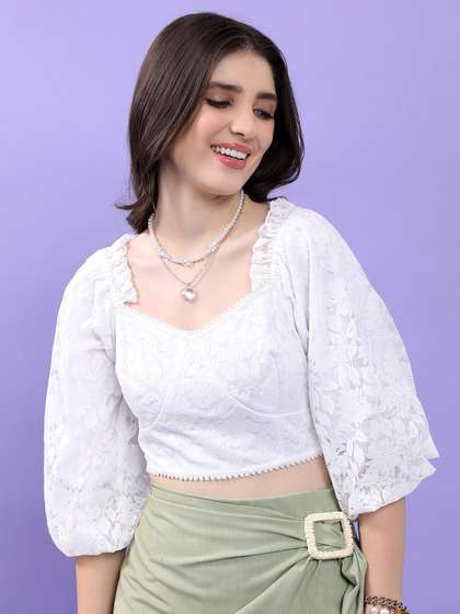 Tokyo Talkies
                          White Self Design Puff Sleeve Crop Top