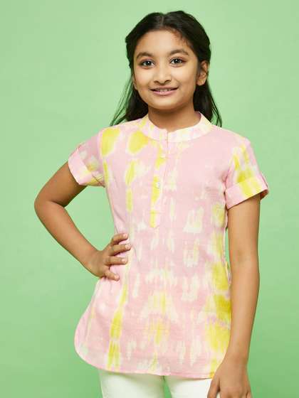 Aks Kids Girls Floral
                    Printed Mandarin Collar Roll-Up Sleeves Cotton Top