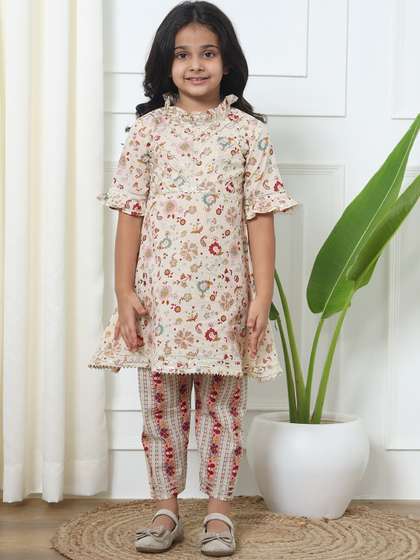Readiprint Girls Floral
                    Printed Gotta Patti Pure Cotton Kurti With Trousers