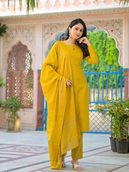 AKS Keyhole Neck Zari Regular Pure Cotton Kurta With Trousers & Dupatta