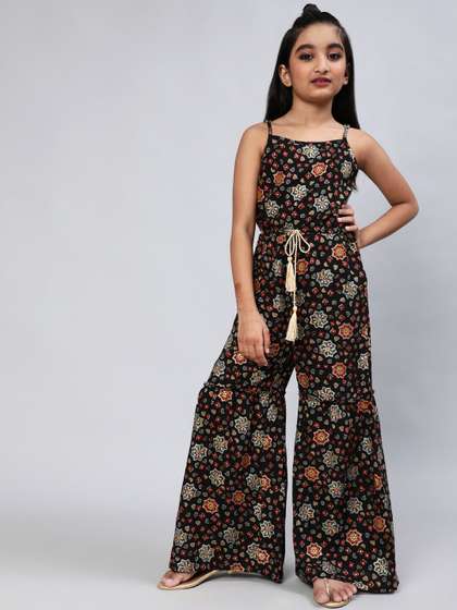Aks Kids Girls Floral
                    Printed Shoulder Straps Waist Tie-Ups Basic
                    Jumpsuit