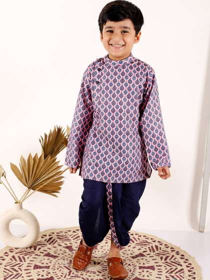Superminis Boys Ethnic
                    Motifs Printed Mandarin Collar Kurta With Dhoti
                    Pants