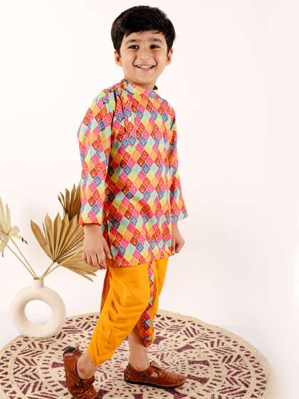 Superminis Boys Ethnic
                    Motifs Printed Mandarin Collar Kurta With Dhoti
                    Pants