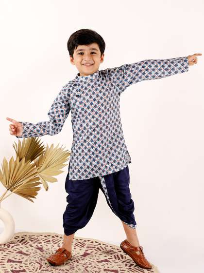 Superminis Boys Ethnic
                    Motifs Printed Mandarin Collar Kurta With Dhoti
                    Pants