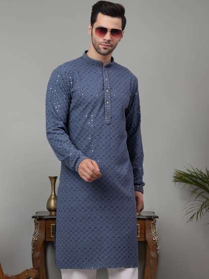 Jompers Geometric Embroidered Mandarin Collar Sequinned Pure Cotton Straight Kurta