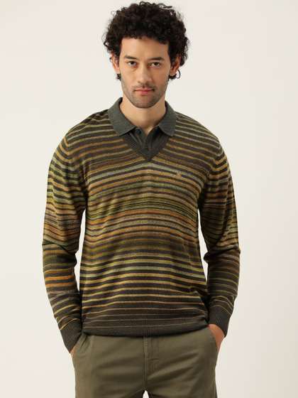 Monte Carlo Men Olive Green Striped Woollen Pullover