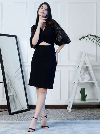 NEUDIS Embellished V-Neck Flared Sleeves Cut Out Detail Sheath Dress