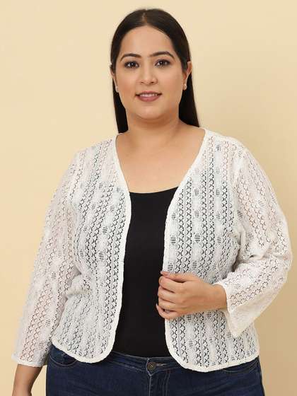 UnaOne Plus Size
                          Self Design Cotton Open Front Shrug