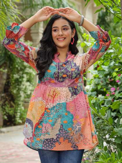 Rain & Rainbow Floral Printed Mandarin Collar Pure Cotton Kurti