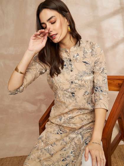 all about you Beige Floral Printed Cotton Kurta