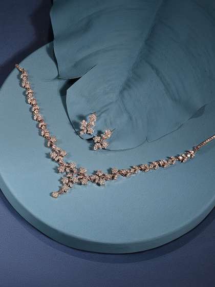 Zaveri Pearls Rose
                      Gold-Plated CZ-Studded Necklace & Earrings
