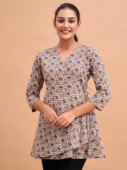 FERANOID Floral
                        Printed V-Neck Pure Cotton A-Line Kurti