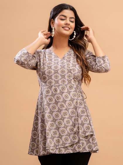 FERANOID Ethnic Printed V-Neck Pure Cotton A-Line Kurti