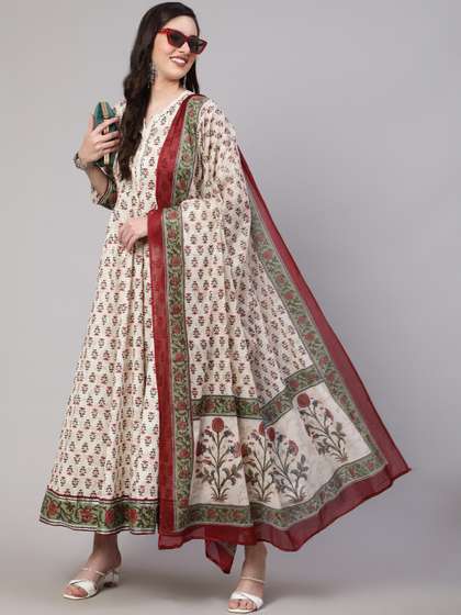 Mizaz Ethnic
                          Motifs Printed Pure Cotton Mirror Work A-line
                          Kurta & Trousers With Dupatta