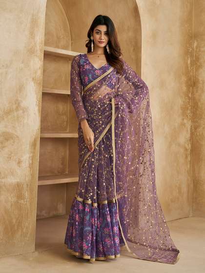 Inddus Floral Sequines Embroidered Ruffled Saree