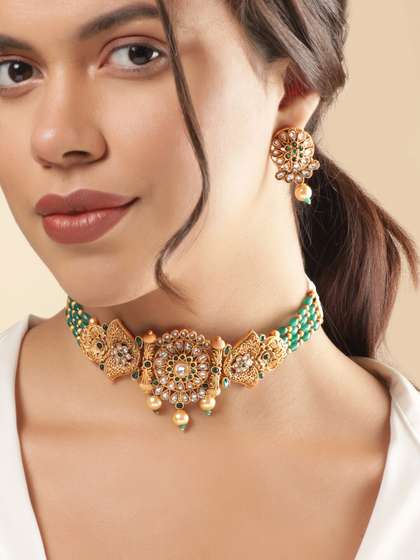 Rubans Gold-Plated
                        Emeral & Kundan Stone-Studded & Pearl
                        Beaded Choker Jewellery Set