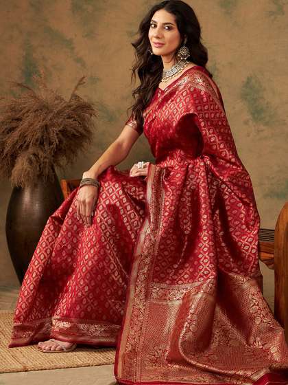Sangria Red &
                          Gold Toned Ethnic Motifs Woven Design Zari
                          Banarasi Saree