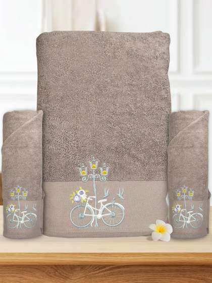 RANGOLI 3 Pcs Grey Melange Self Design 550 GSM Pure Cotton Anti-Bacterial Towel Set