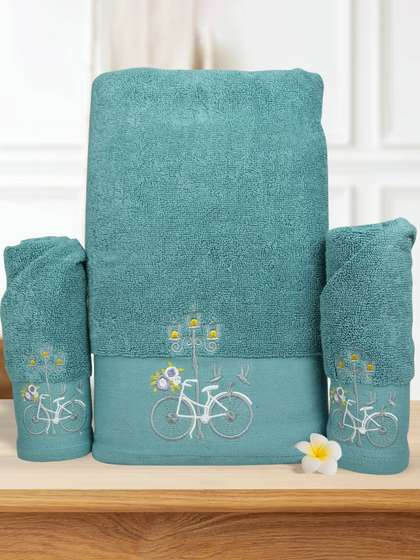 RANGOLI 3 Pcs Turquoise Blue Self-Design 550 GSM Pure Cotton Anti-Bacterial Towel Set