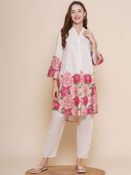 Bhama Couture Floral Printed Mandarin Collar A-Line Kurta with Palazzos