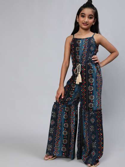 Aks Kids Girls Bandhani
                    Printed Pleated Waist Tie-Up Detail Basic Jumpsuit