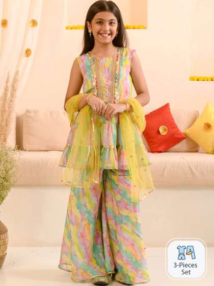 Pspeaches Girls Multi
                    Printed Georgette Kurta Sharara Dupatta Set